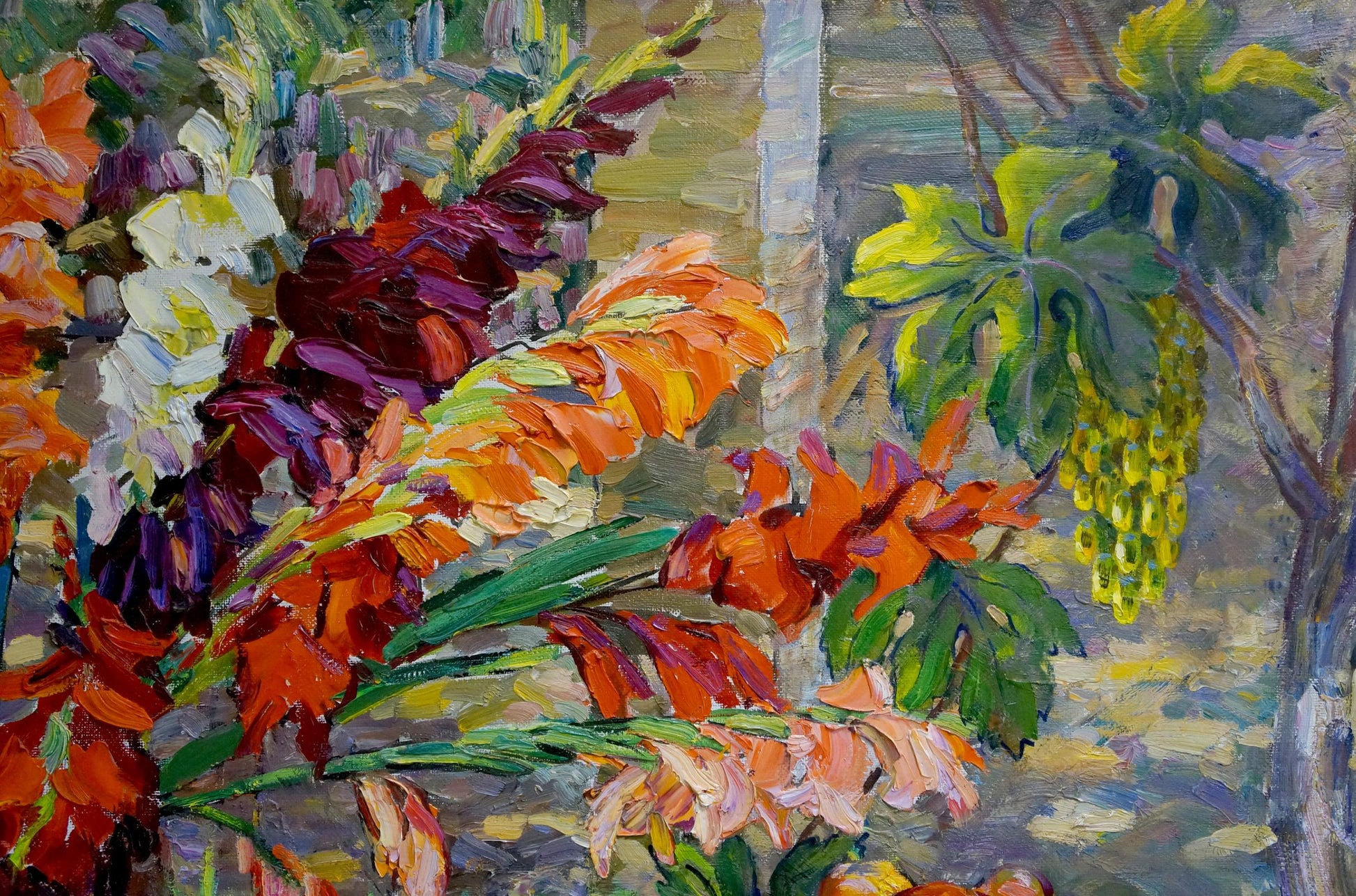 Vibrant oil painting of orange red white gladiolus by Kolomoitsev Petr Mikhailovich