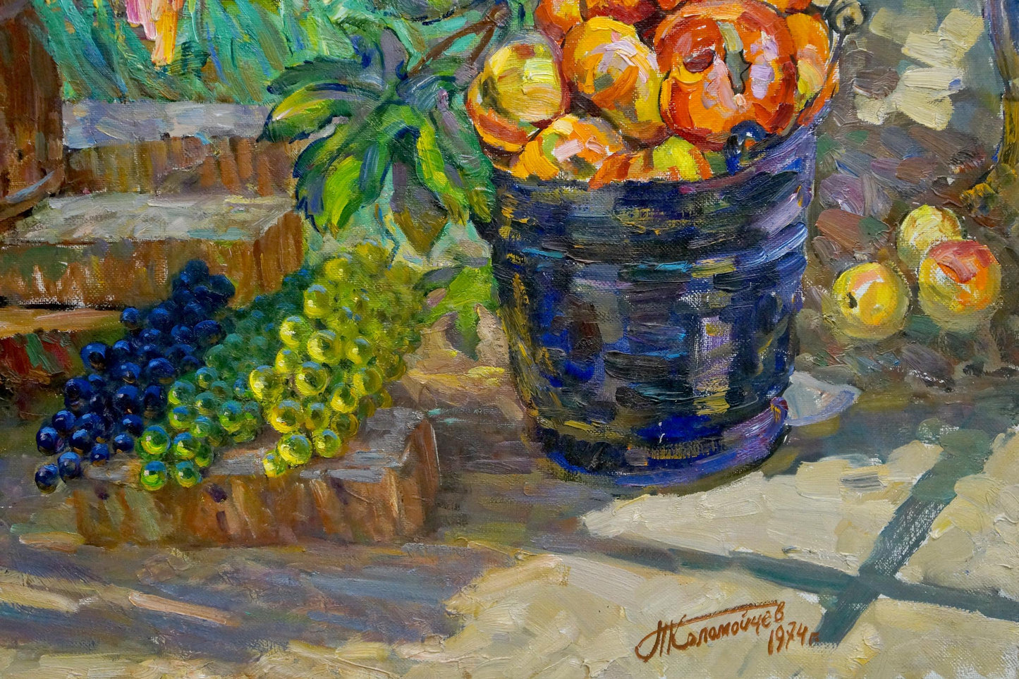 Oil painting by Kolomoitsev Petr Mikhailovich: bucket overflowing with pomegranates