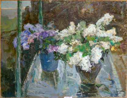 Oil painting of vibrant blue vase with white purple lilacs by Ryman Evgeny Nikolaevich