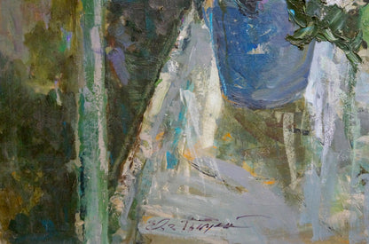 Textured impressionistic oil painting of blue white draped garment by Ryman Evgeny Nikolaevich