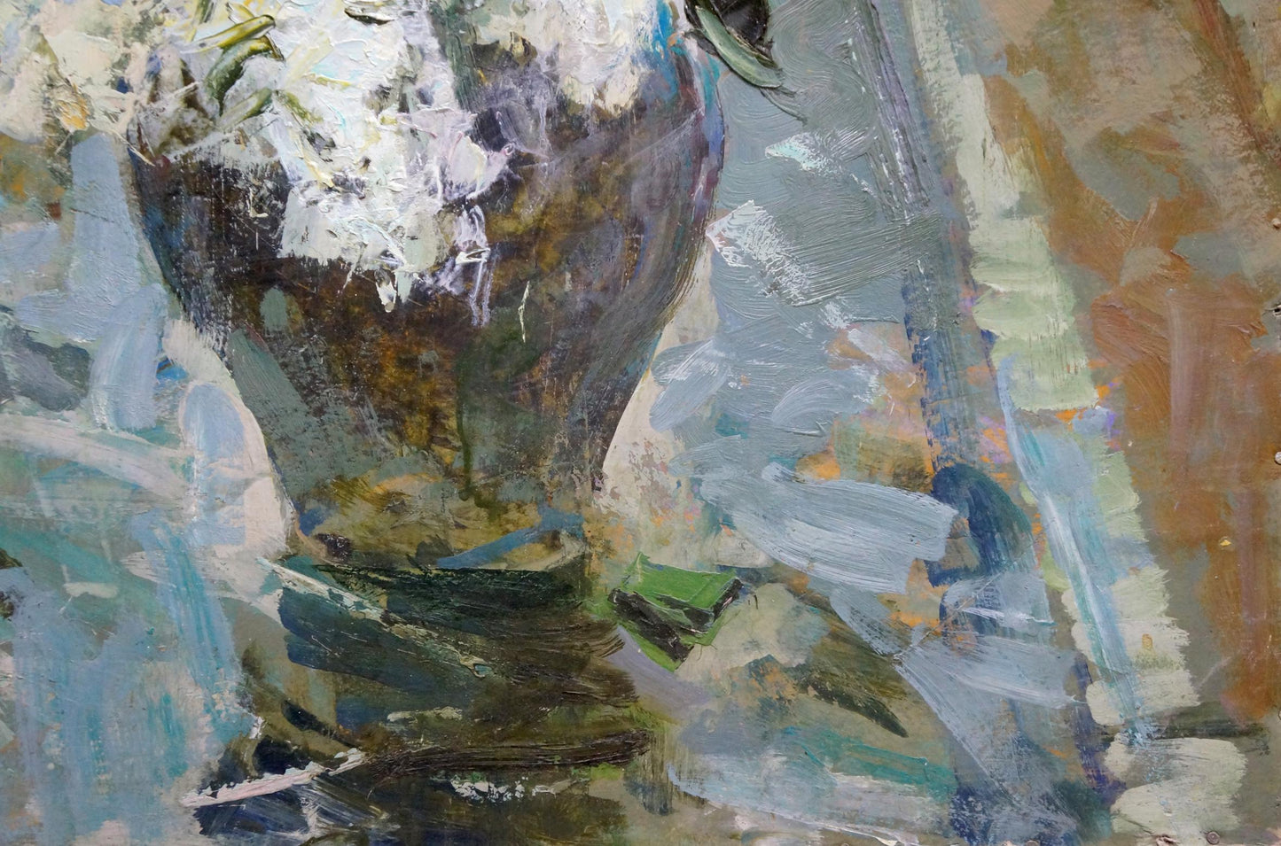 Textured dark ceramic vase by Ryman Evgeny Nikolaevich with floral oil painting motif
