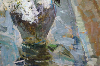 Textured dark ceramic vase by Ryman Evgeny Nikolaevich with floral oil painting motif