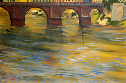 Vibrant impressionistic oil painting of Rome red brick arch bridge by Yukhimov