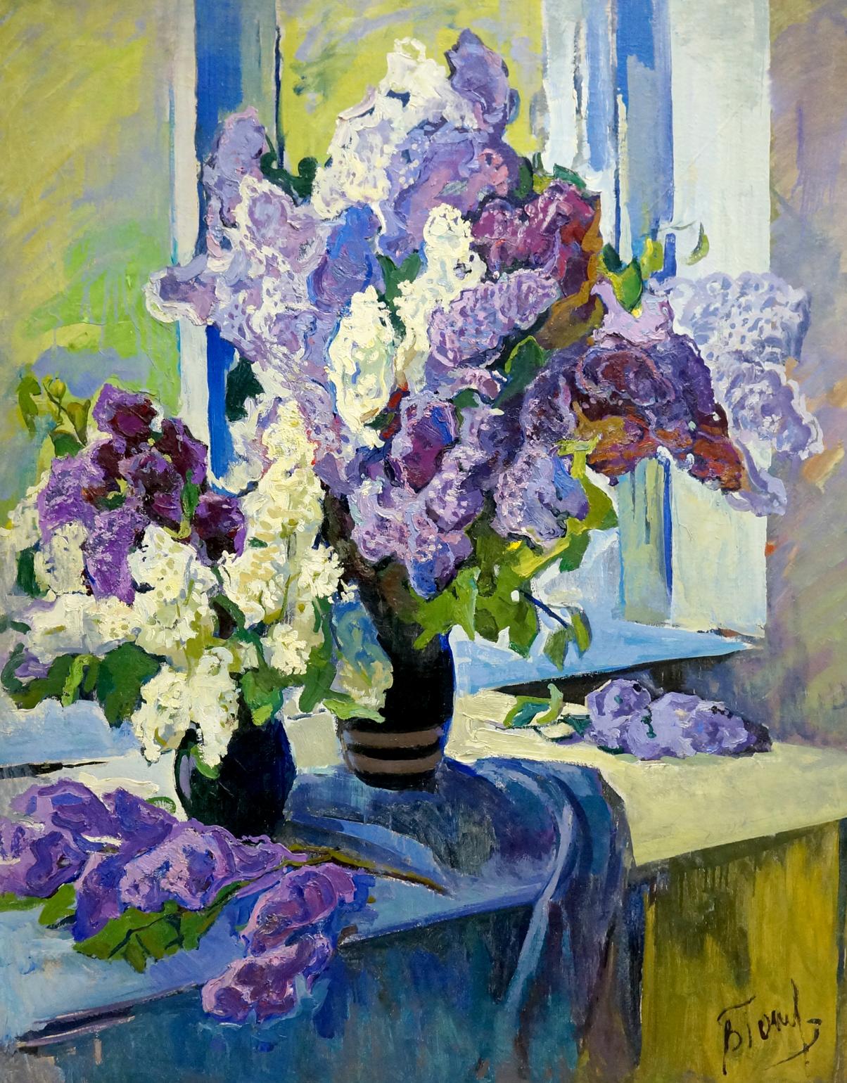 Oil painting of lush lilac bouquet by window by Tolpekin Yuri