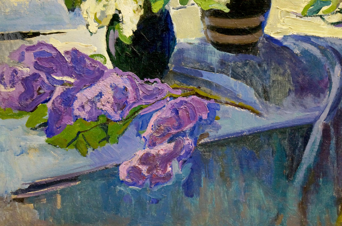 Impressionistic oil painting of purple lilacs by window by Tolpekin Yuri