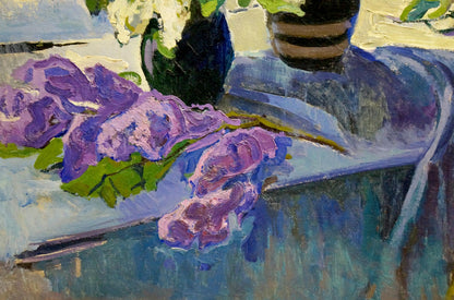 Impressionistic oil painting of purple lilacs by window by Tolpekin Yuri