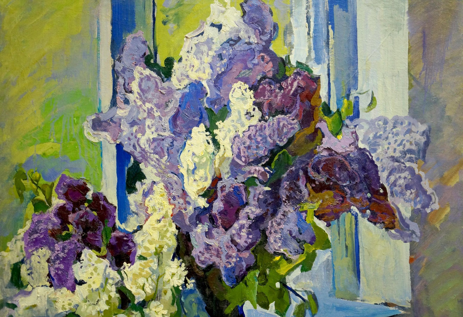 Oil painting Lilac by the Window by Tolpekin Yuri, vibrant purple white blossoms