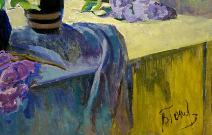 Oil painting Lilac by the window by Tolpekin Yuri: dark striped vase with purple flowers