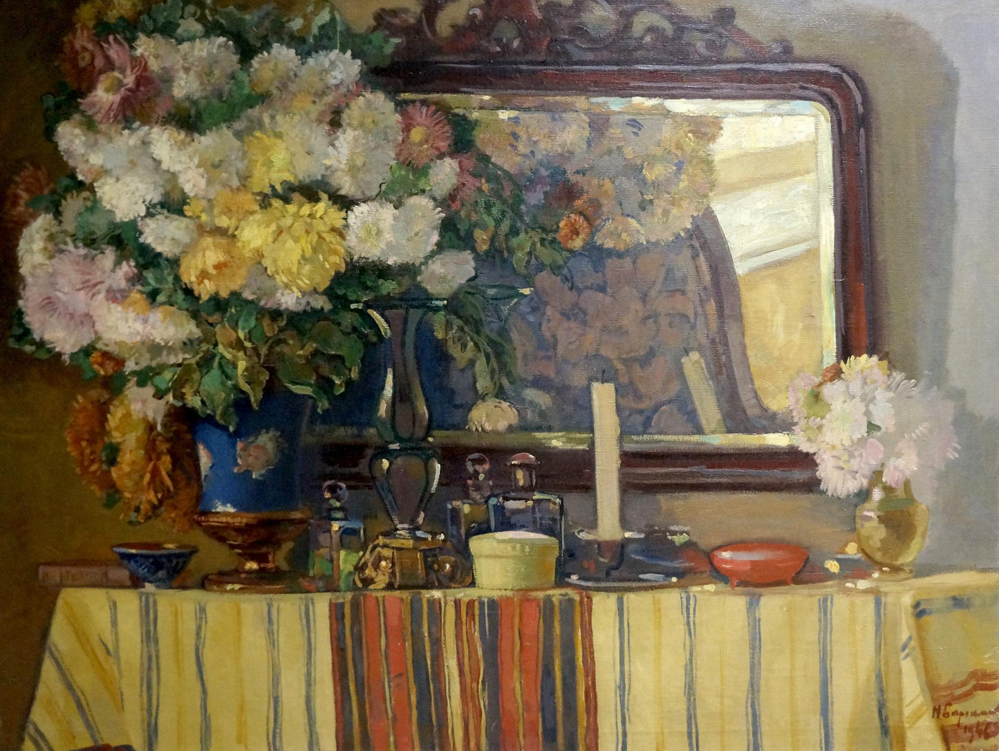 Oil painting of vibrant chrysanthemums in blue vase by Bednoshey Daniil Panteleyevich