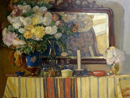 Oil painting of vibrant chrysanthemums in blue vase by Bednoshey Daniil Panteleyevich