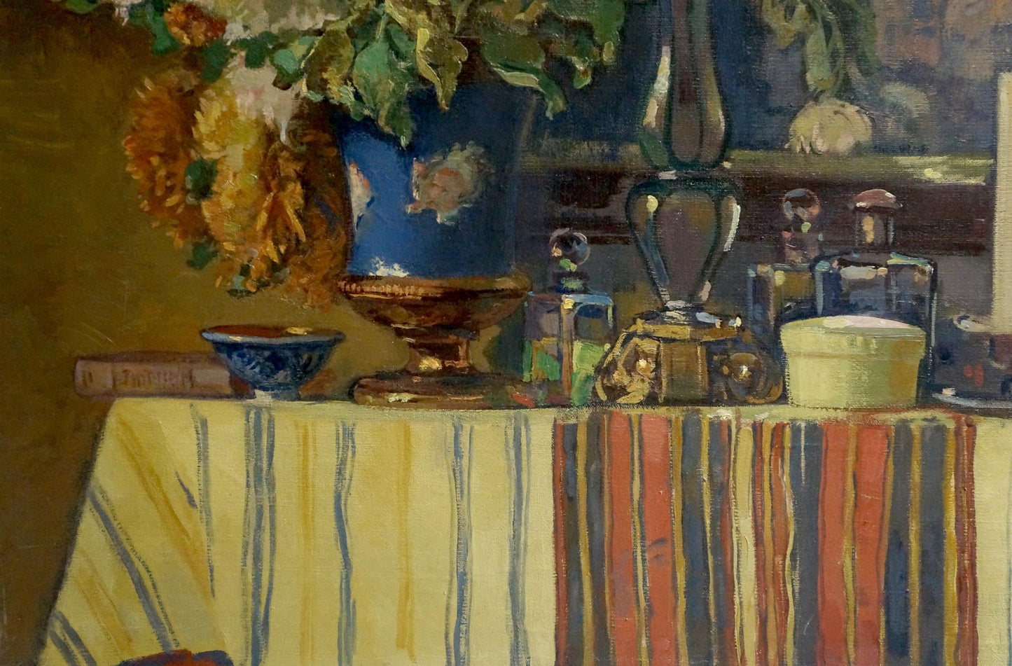 Oil painting Flowers at the Mirror by Bednoshey Daniil Panteleyevich with blue vase and flowers
