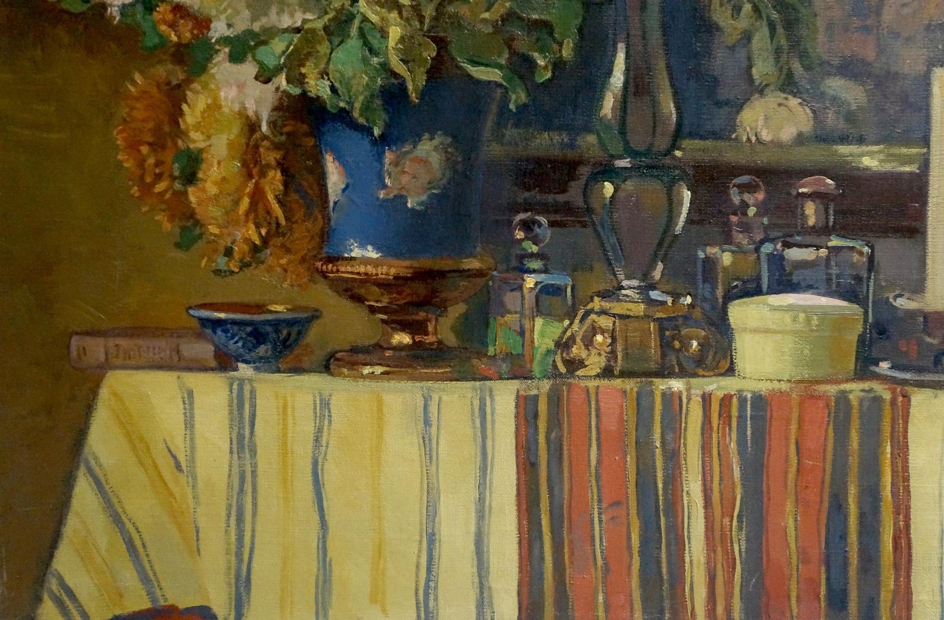 Oil painting Flowers at the Mirror by Bednoshey Daniil Panteleyevich with blue vase and flowers