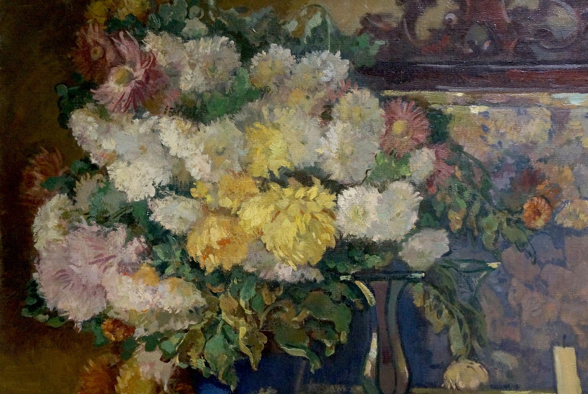 Oil painting of chrysanthemums in blue vase by Bednoshey Daniil Panteleyevich