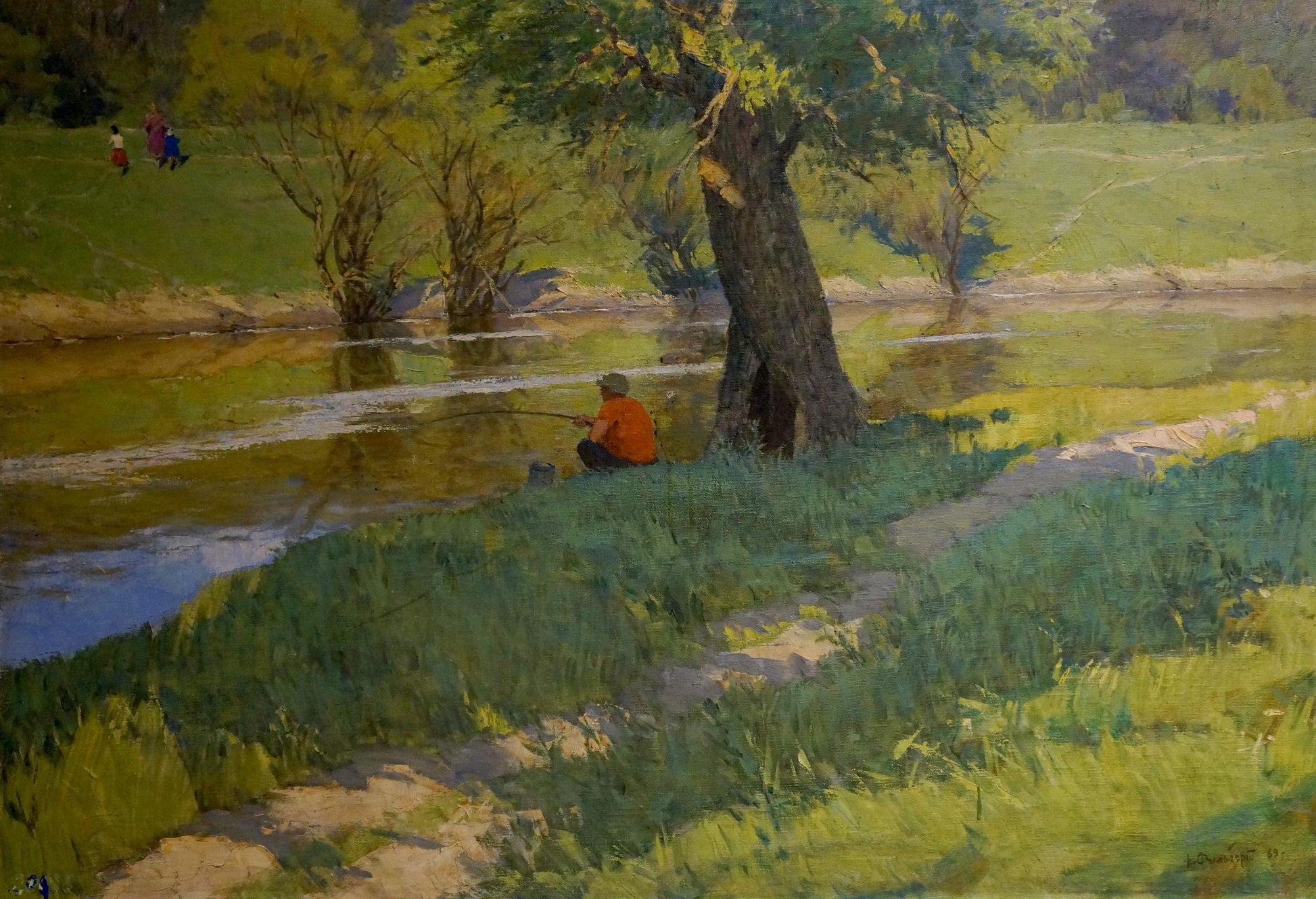Oil painting of solitary fisherman in orange shirt by riverbank by Filbert Alexander Alexandrovich