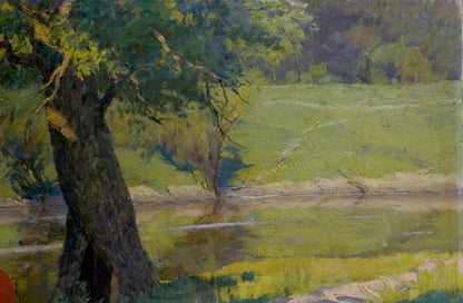 Oil painting by Filbert Alexander Alexandrovich: textured tree trunk in lush green landscape