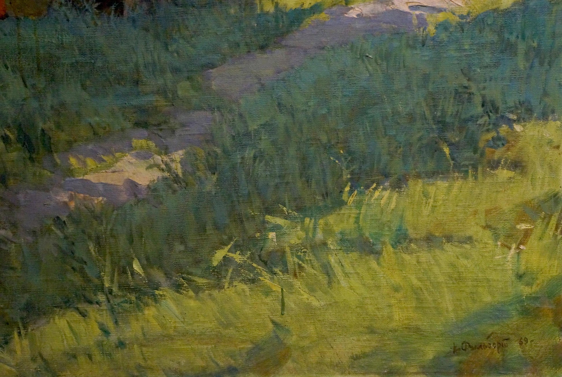 Textured oil painting of Guy by the shore by Filbert Alexander Alexandrovich, sunlit grassy field