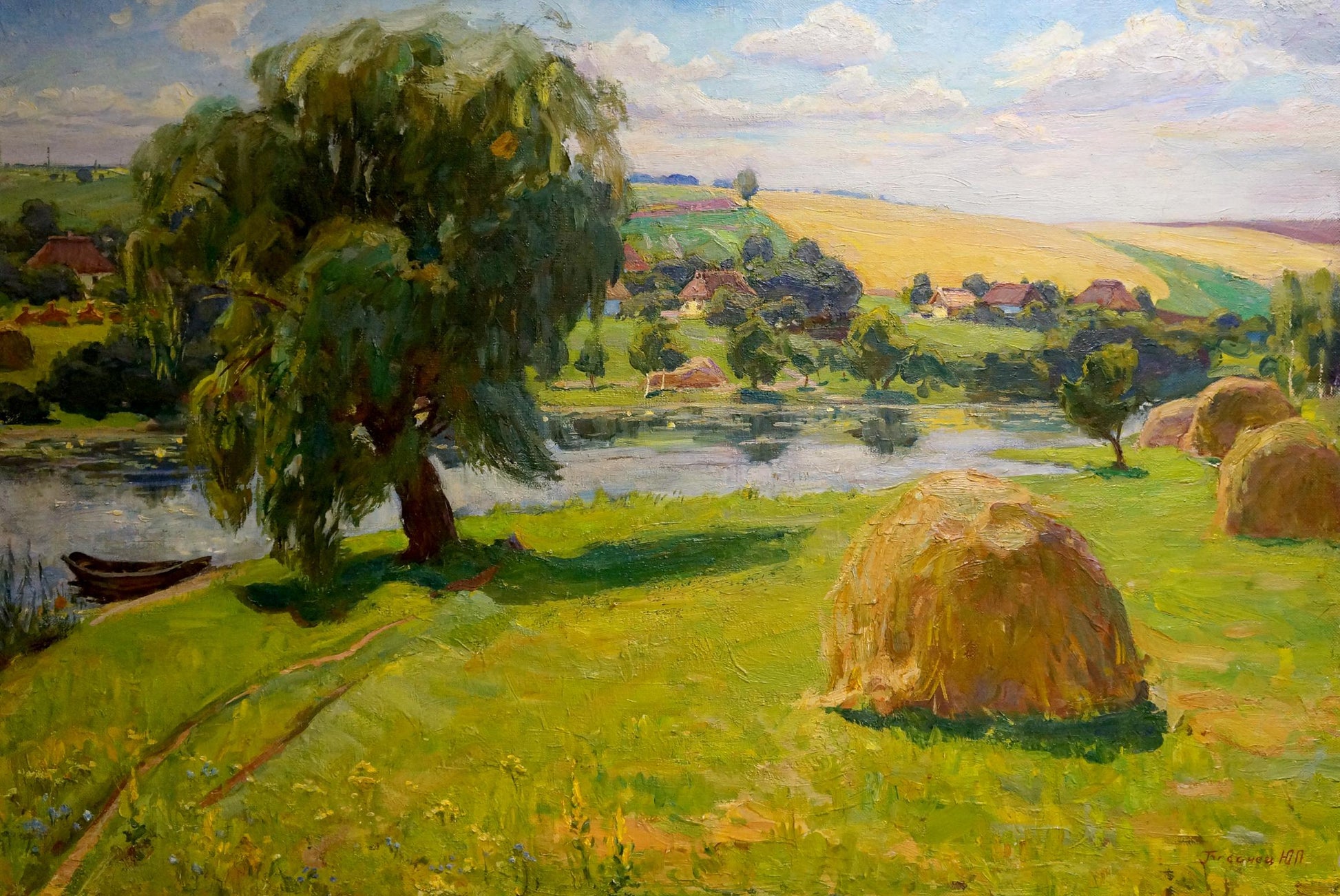 Oil painting by Yuri Petrovich Basanets: golden hay bales on green field under weeping willow