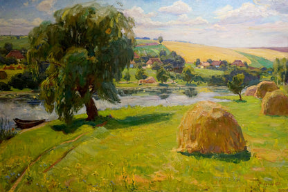 Oil painting by Yuri Petrovich Basanets: golden hay bales on green field under weeping willow