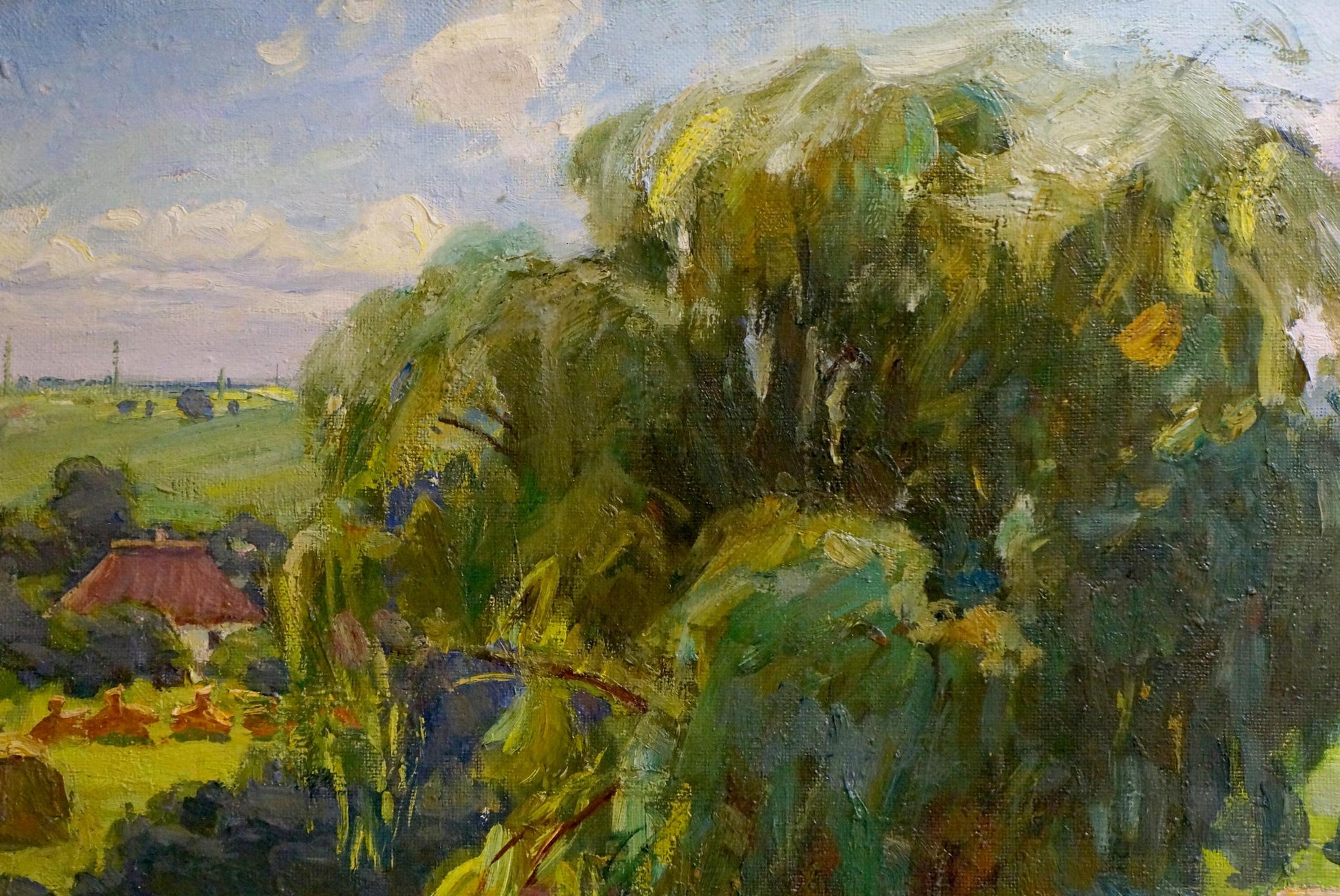 Oil painting of lush green willow tree with flowing branches by Yuri Petrovich Basanets