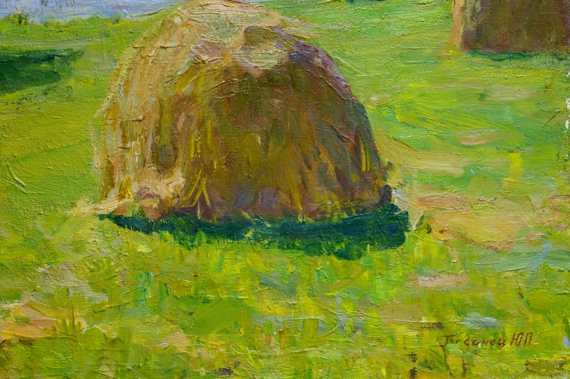A textured, golden-brown hay bale rests in a vibrant green field.