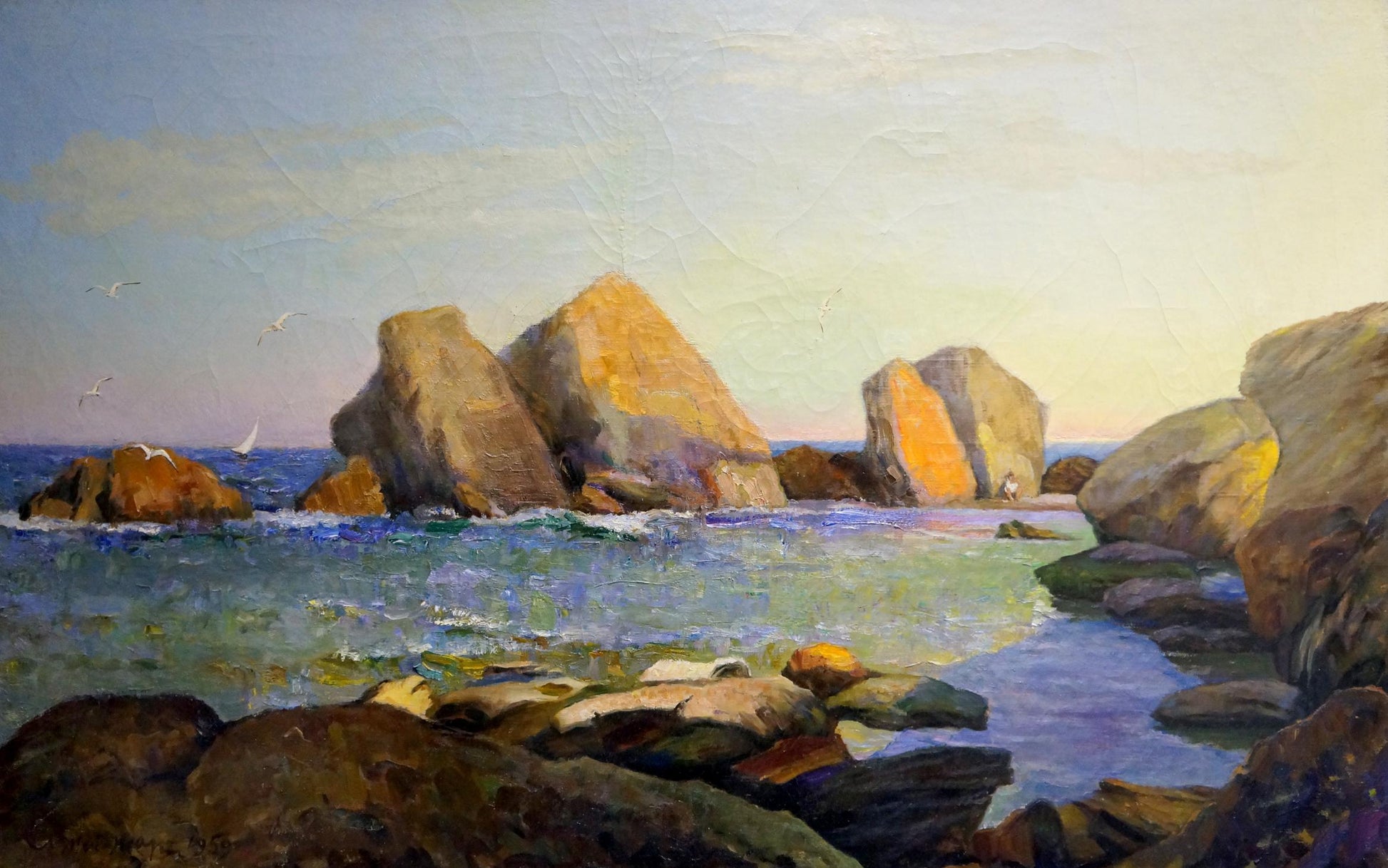Oil painting Near the shore by Zharenko Lavrentiy Semenovich, coastal rocks and sea