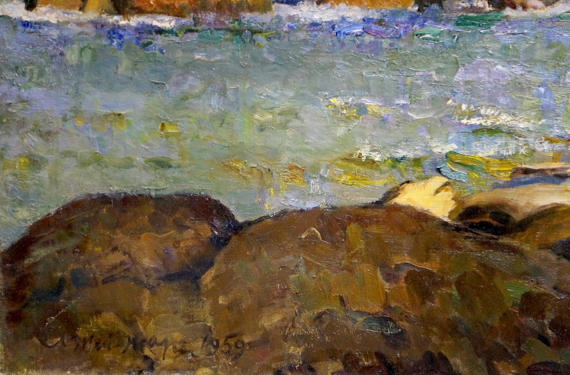 Oil painting Near the shore by Zharenko Lavrentiy Semenovich, rocky textured shoreline