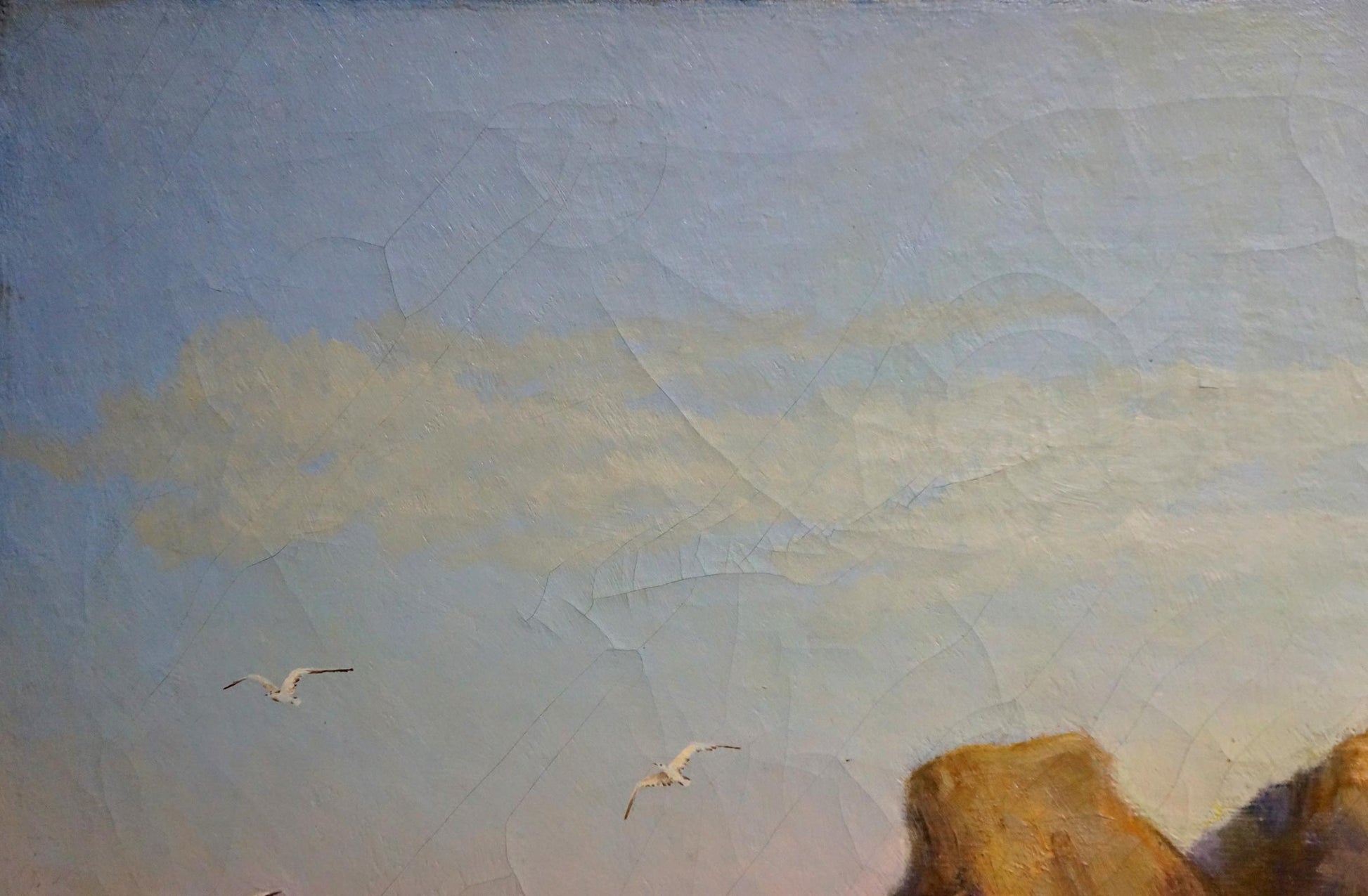Oil painting Near the shore by Zharenko Lavrentiy Semenovich, pale blue sky with seagulls