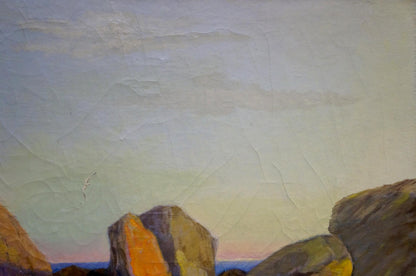 Oil painting Near the Shore by Zharenko Lavrentiy Semenovich, rugged rocks at sunset