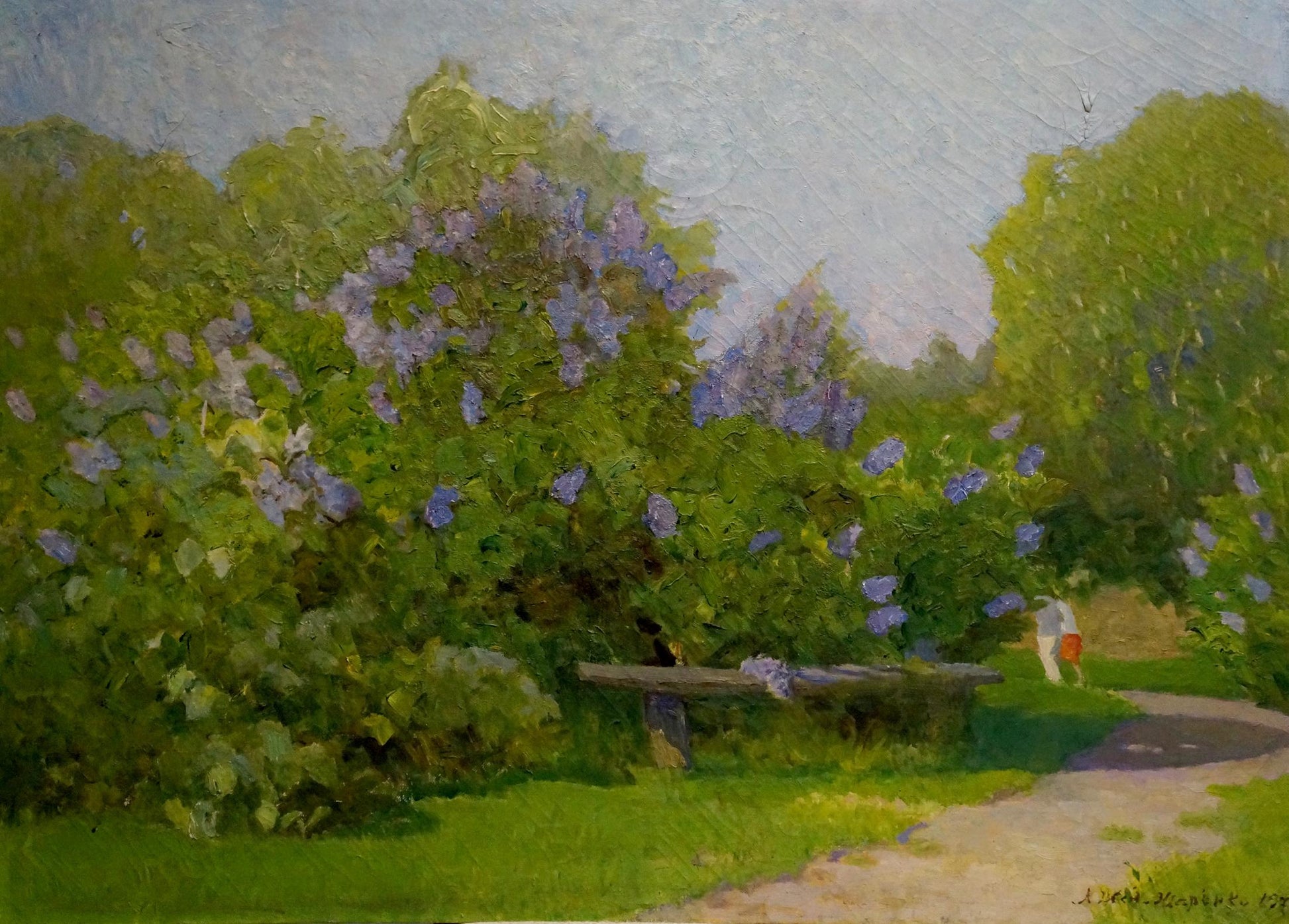 Oil painting of lush lilac bush by Zharenko Lavrentiy Semenovich