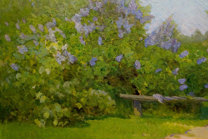 Oil painting by Zharenko Lavrentiy Semenovich: lush green bush with purple flowers