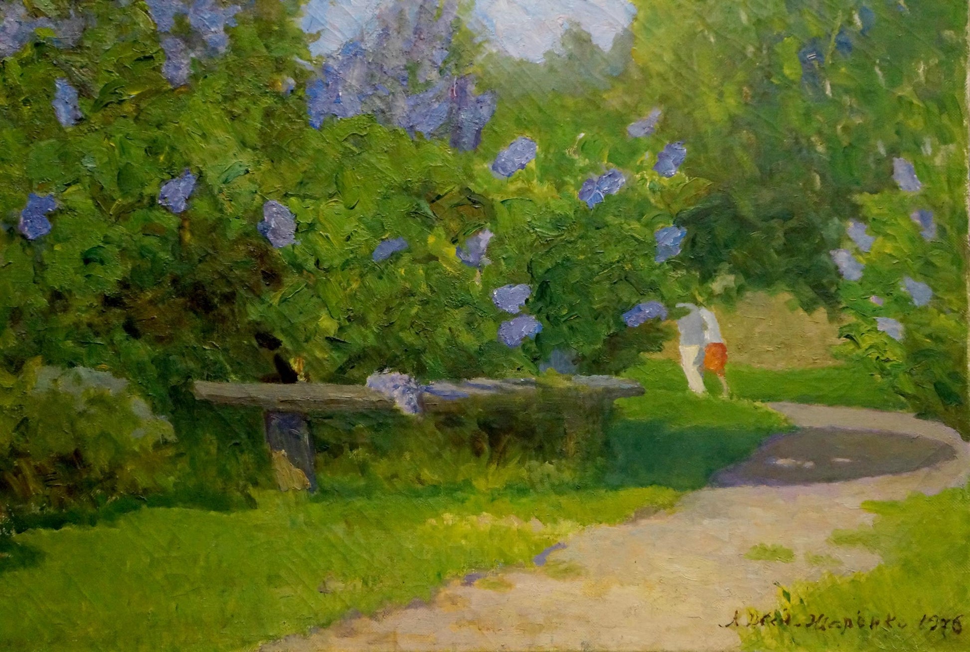Oil painting by Zharenko Lavrentiy Semenovich: weathered bench under purple-flowered bush