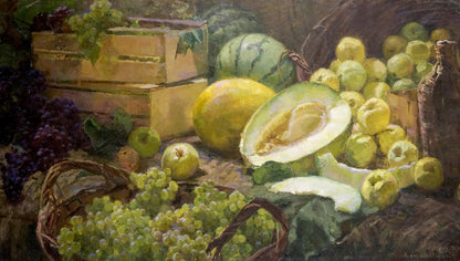 Oil painting by Tolokonnikova Margarita Nikolaevna: halved cantaloupe, grapes, fruits