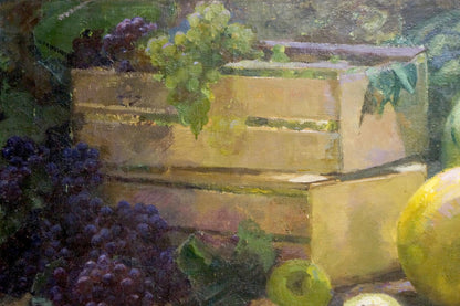 Oil painting by Tolokonnikova Margarita Nikolaevna of stacked wooden crates with green and purple grapes
