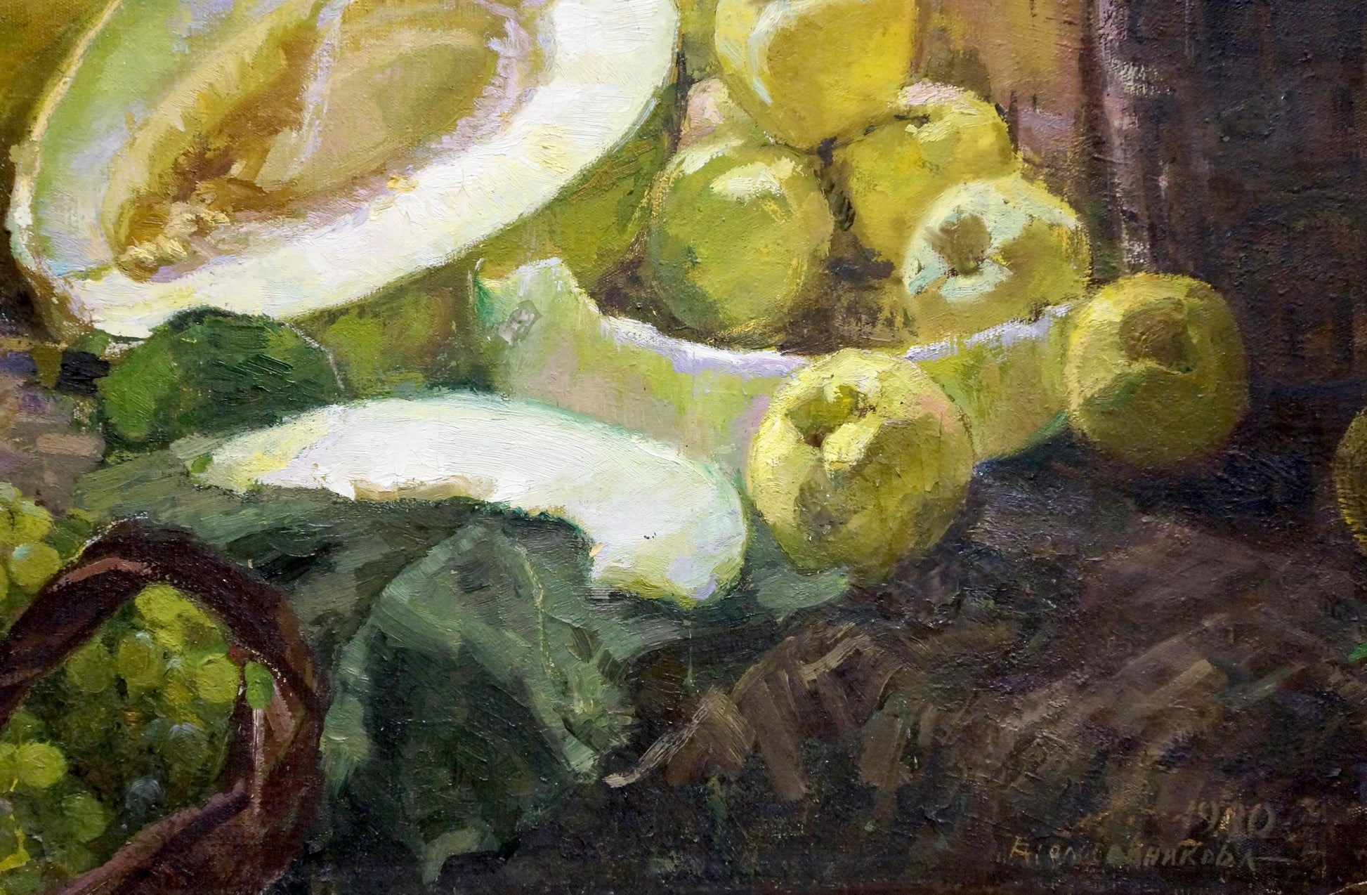 Oil painting by Tolokonnikova Margarita Nikolaevna: halved cantaloupe, apples, grapes