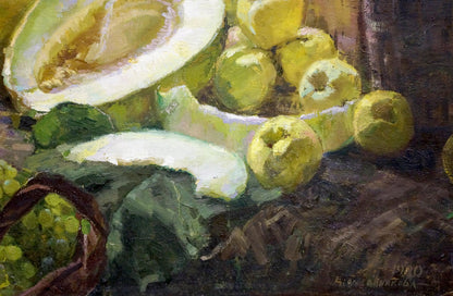 Oil painting by Tolokonnikova Margarita Nikolaevna: halved cantaloupe, apples, grapes