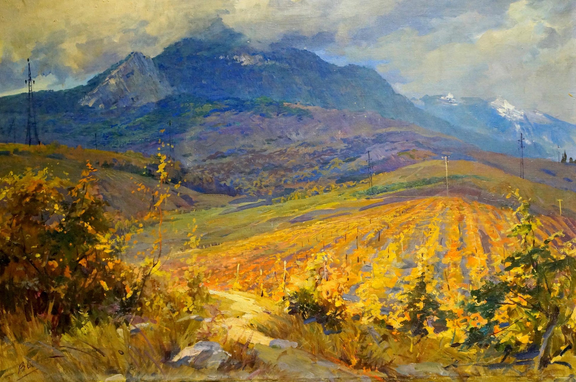 Vibrant oil painting by Sevets Victor Stepanovich: golden vineyard to misty mountains