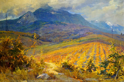 Vibrant oil painting by Sevets Victor Stepanovich: golden vineyard to misty mountains