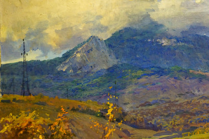 Oil painting by Sevets Victor Stepanovich: golden blue mountain landscape with autumn foliage