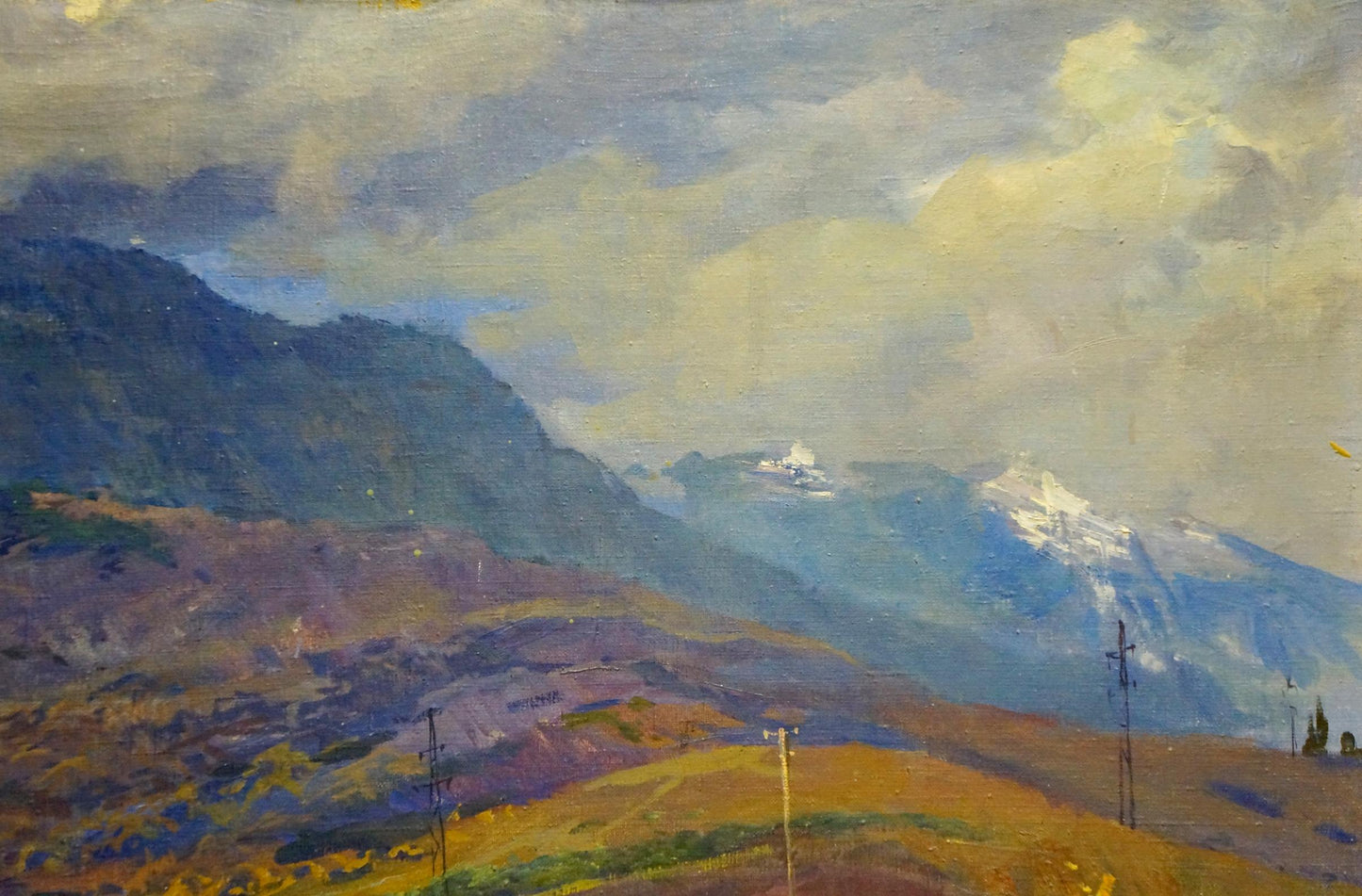 Oil painting by Sevets Victor Stepanovich: snow-capped mountains under dramatic sky