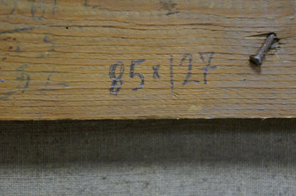 Back of Sevets Victor Stepanovich oil painting: worn plank with faded markings, rusted nail