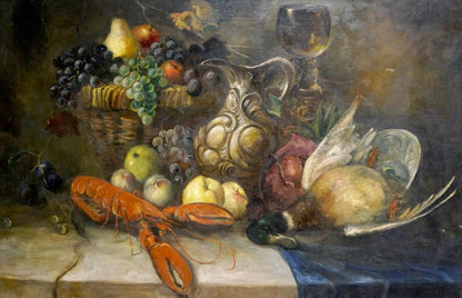 Oil painting of ornate silver pitcher in still life feast by unknown artist