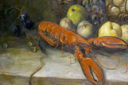 Oil painting of vibrant orange lobster feast still life by unknown artist