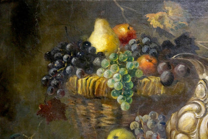 Oil painting still life with woven basket of grapes, pear, and oranges