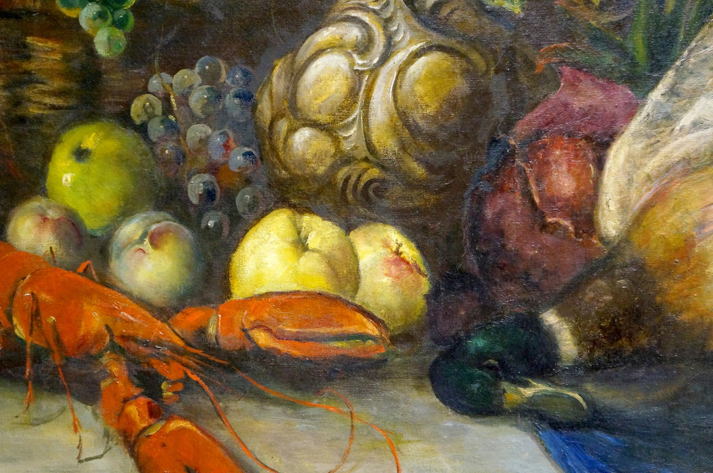 Oil painting of vibrant orange lobster on still life feast surface