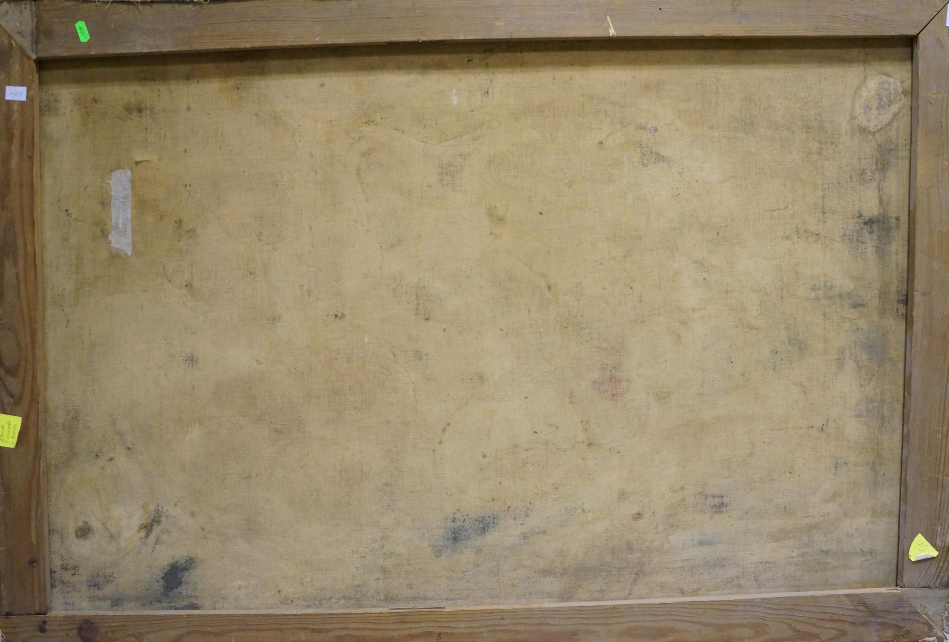 Back of wooden-framed oil painting Still life with a feast, beige textured canvas with wear