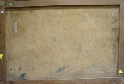 Back of wooden-framed oil painting Still life with a feast, beige textured canvas with wear