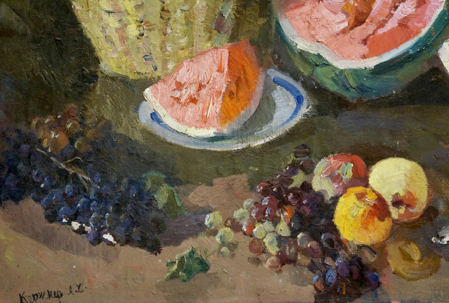 Oil painting of vibrant watermelon slice by Alexander Kerzhner