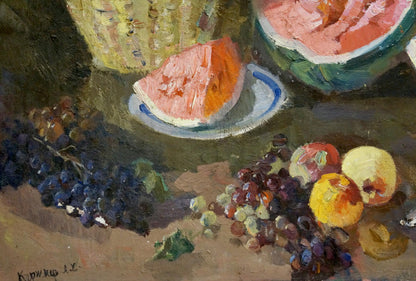 Oil painting of vibrant watermelon slice by Alexander Kerzhner
