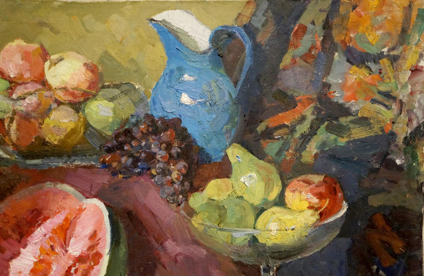 Blue ceramic pitcher in Alexander Kerzhner fruit still life oil painting