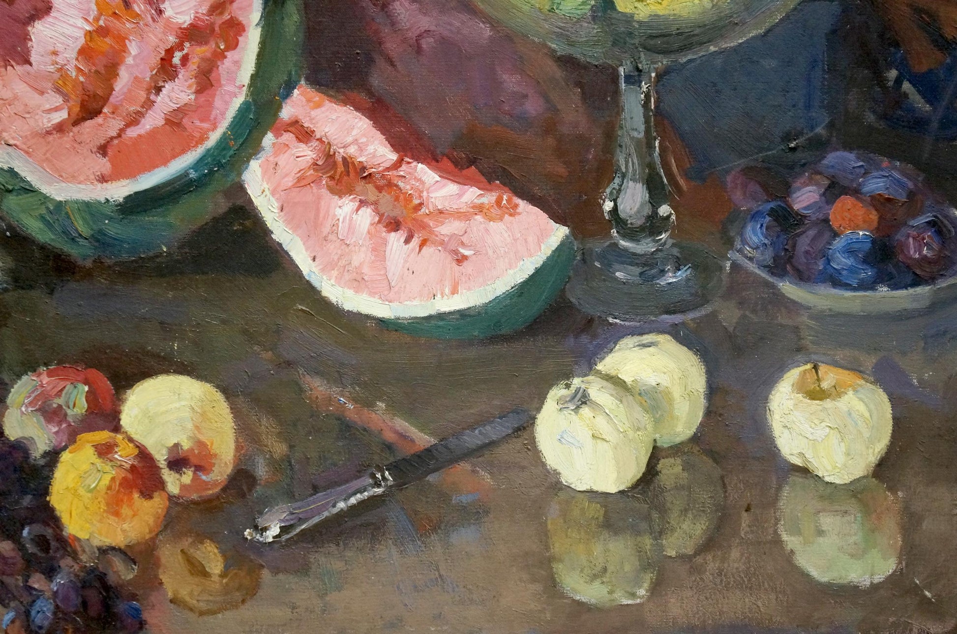 Oil painting by Alexander Kerzhner: vibrant fruit still life with watermelon